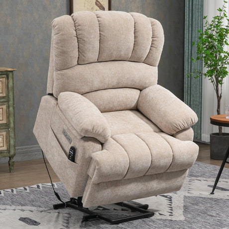 Large Power Lift Recliner Chair with Massage and Heat for Elderly, Ergonomic Backrest, Infinite Adjust, 2 Side Pockets,USB and Type-C Ports, Chenille Beige Luxlen