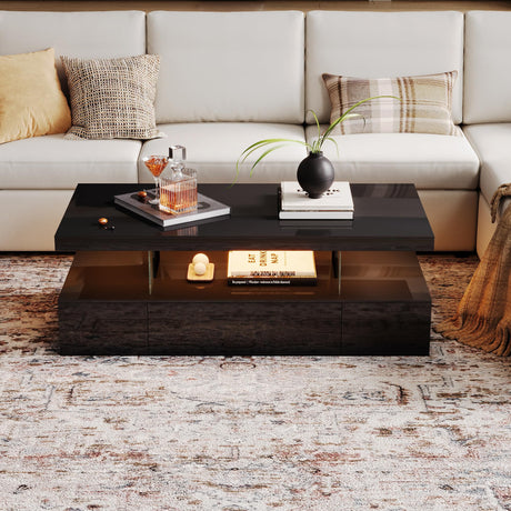 ChooChoo Modern LED Coffee Table, High Glossy Coffee Table with Drawer, Black Coffee Table with Storage for Living Room, Bedroom ChooChoo