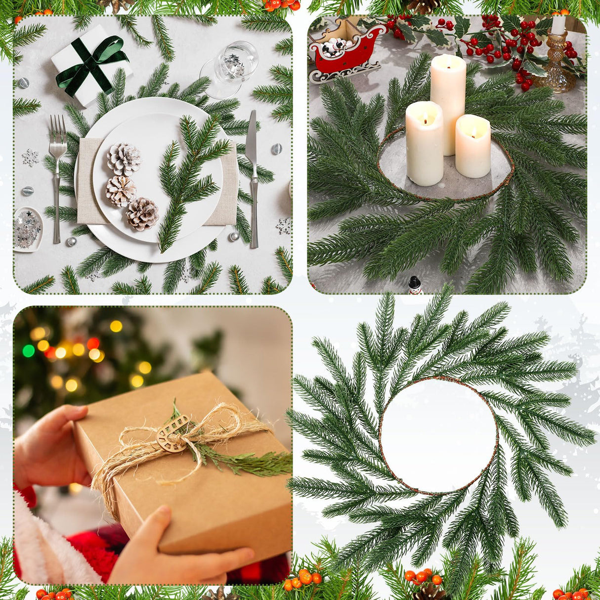 Gandeer Christmas Placemats Set of 6 Round Greenery Place Mats Xmas Circular Artificial Wreath Dining Table Decor Winter Fake Plants Branches Mats for Kitchen Accessories(Norfolk) Gandeer