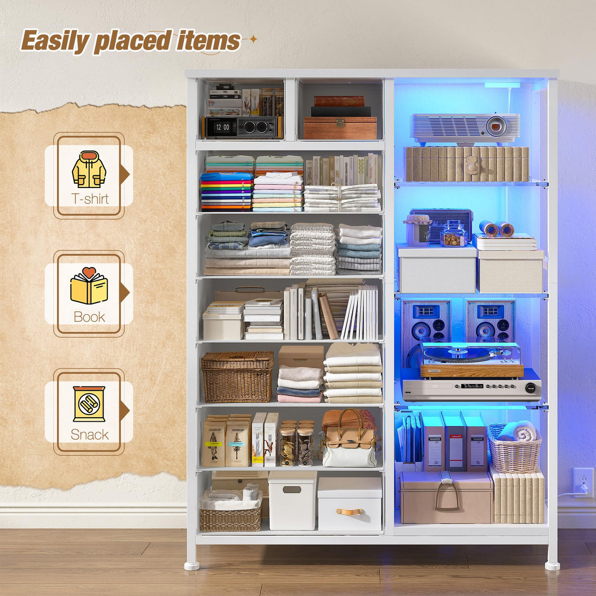 EnHomee Dresser for Bedroom with LED Lights & Power Outlets Dresser with 8 Drawers Fabric Dressers & Chests of Drawers for Bedroom, Sturdy Metal Frame, Acrylic Plates (White) EnHomee