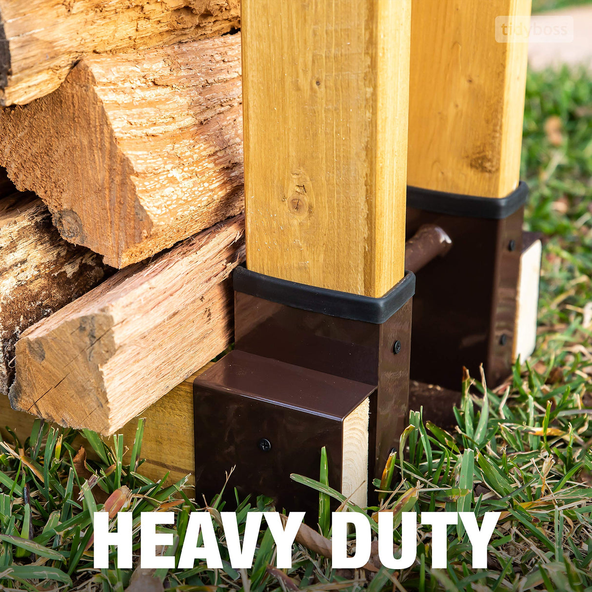 TIDYBOSS Outdoor Firewood Log Storage Rack | 2x4 Bracket kit | Adjustable to Any Length with Seal Strip, Gloves, Steel Plates and Screws (Dark Brown) TIDYBOSS