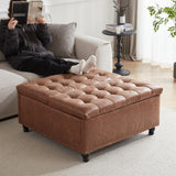 Tbfit Large Square Storage Ottoman Bench, Tufted Upholstered Coffee Table Ottoman with Lift Top & Solid Wood Legs, Oversized Storage Ottomans Toy Box for Living Room (Brown) Tbfit