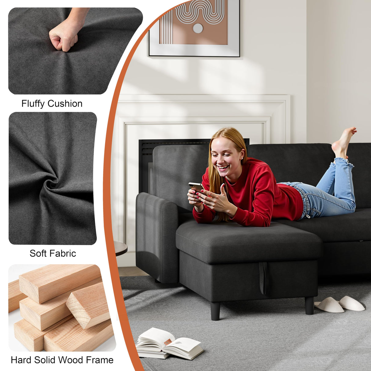 Vongrasig Pull Out Couch, Convertible Sleeper Sofa Bed with Storage, L-Shaped Sofa Bed with Storage Chaise Linen Fabric for Living Room, Apartment, Small Space, Black Vongrasig