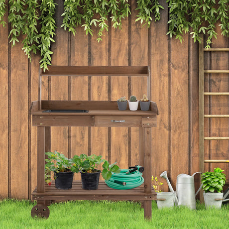 Outsunny 36'' Wooden Potting Bench Work Table with 2 Removable Wheels, Sink, Drawer & Large Storage Spaces, Brown Outsunny
