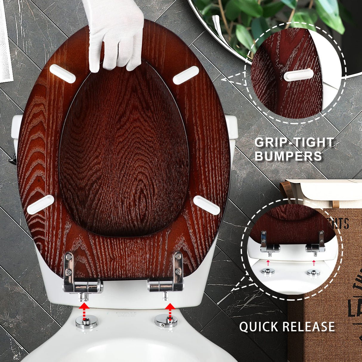 Angel Shield Elongated Wood Toilet Seat with Quiet Close,Easy Clean,Quick-Release Hinges(Elongated,Dark Walnut) Angel Shield