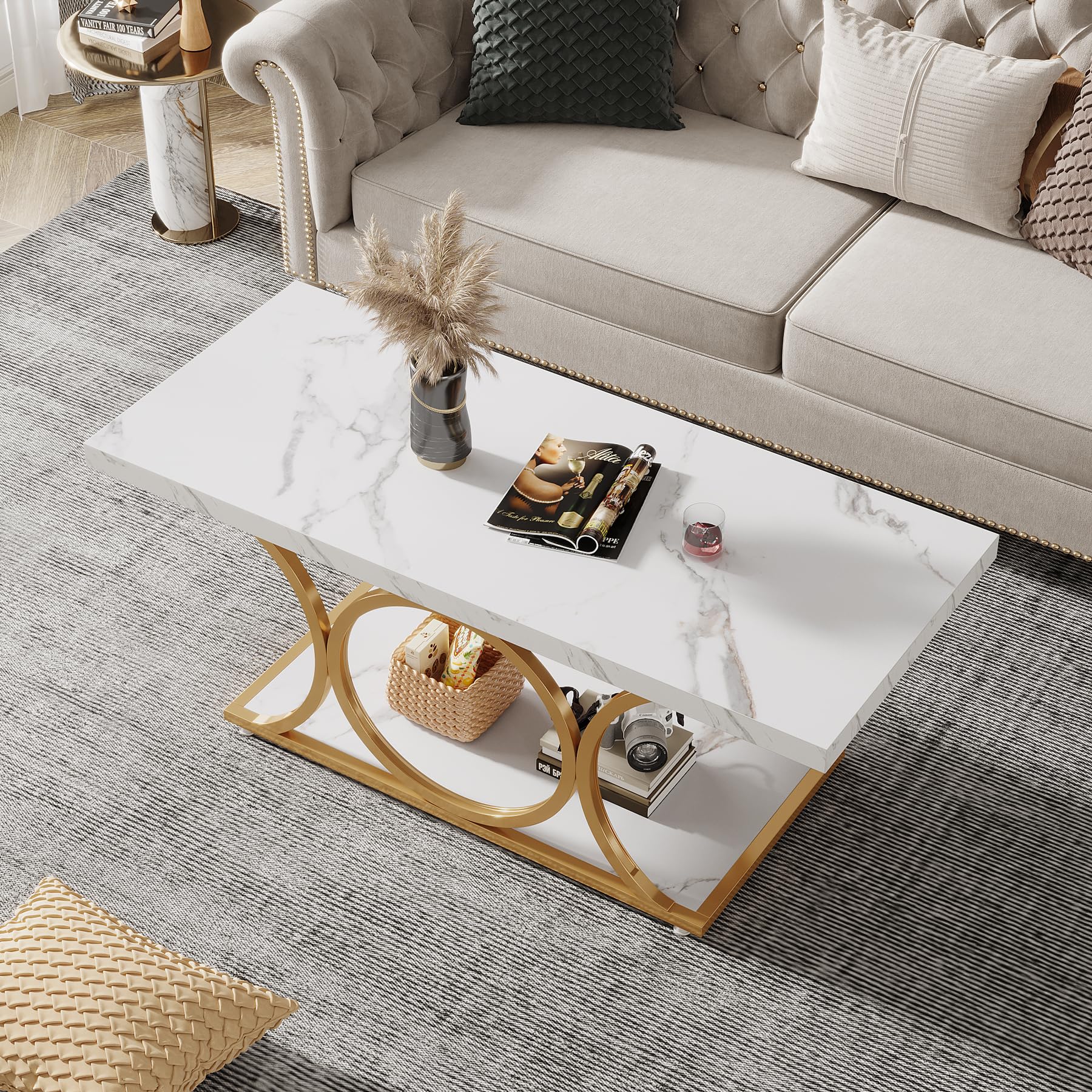 Tribesigns Rectangle Coffee Table, 47.24-inch Modern Coffee Tables for Living Room, 2-Tier Faux Marble Wood Coffee Table with Geometric Legs, Furniture with Storage Shelf (White & Gold) - WoodArtSupply