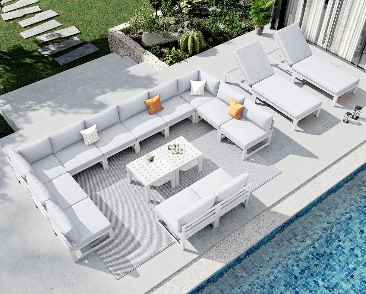 NICESOUL Extra Large Aluminum Patio Furniture Set with Chaise Lounge, All-Weather 29" Wide Seats Outdoor Sofa Conversation Set, 16 Piece Modern Sectional Couch for 14 Seats, for Garden, Light Gray NICESOUL