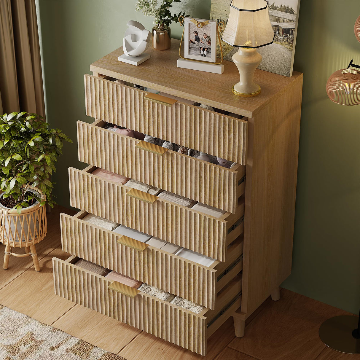 Lulive Dresser for Bedroom Wood Tall Dressers Drawers, Fluted Modern Dresser 5 Drawers Natural Lulive