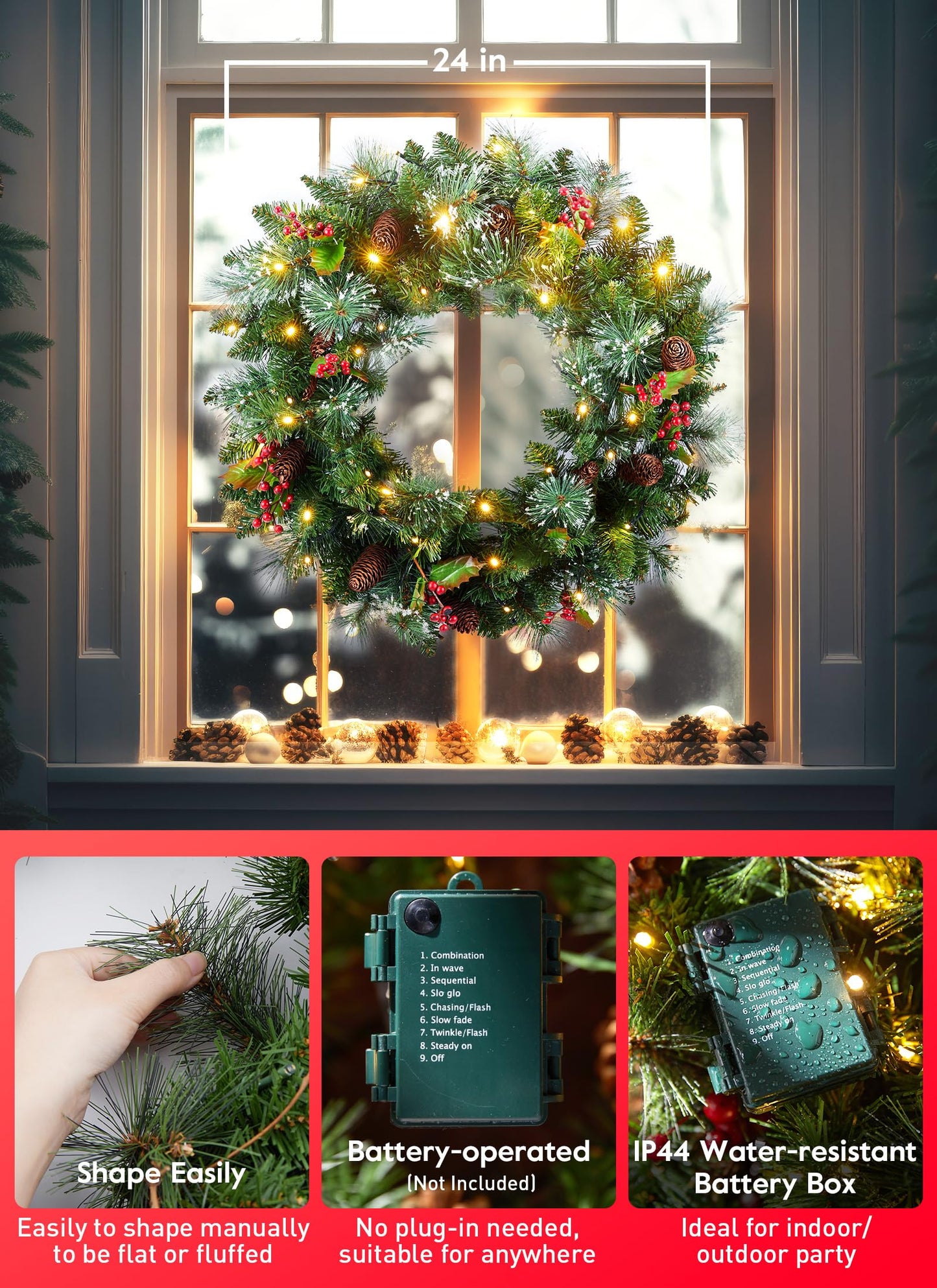 Pre-Lit Artificial Christmas Wreath for Front Door, Green, 50 LED Lights, Decorated with Pine Cones, Red Berry Clusters, Frosted Branches, Hari Leaves, Christmas Collection, 24 Inches