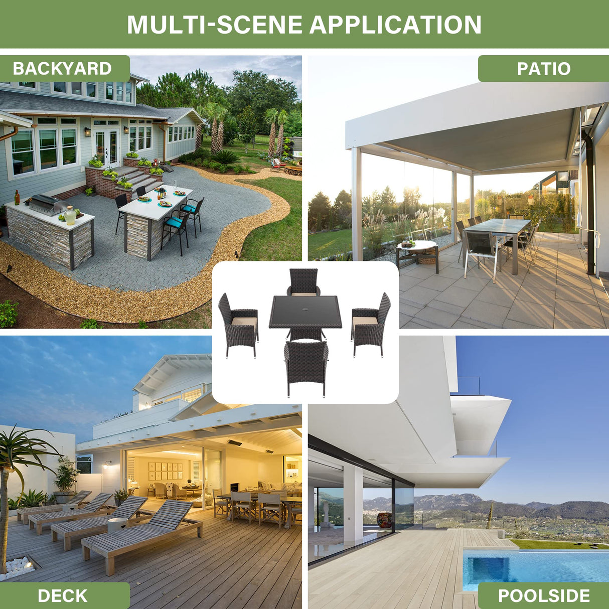 ALAULM 5 Piece Patio Dining Set All-Weather Wicker Outdoor Patio Furniture Set w/Tempered Glass Tabletop, Removable Cushions and Umbrella Hole for Patio, Backyard, Garden, Poolside (Brown) ALAULM