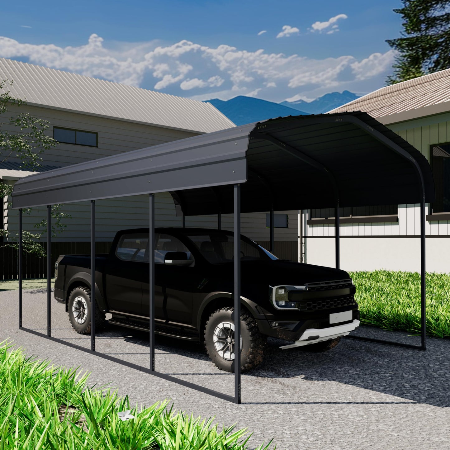 Chilihom Car Port Metal Carport 12 ×20 FT Heavy Duty Carport Kit, Metal Garage Carport Canopy with Galvanized Steel Roof & Frame，Car Tent Outdoor Storage Shed for Car, Boats and Truck, Charcoal