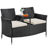 Yaheetech Patio Loveseat, Outdoor Wicker Double Chair w/Side Table, PE Rattan Furniture Set for Two People, Love Seat w/2 Removable Cushions & 1 Tempered Glass Side Table, Black/Beige Yaheetech