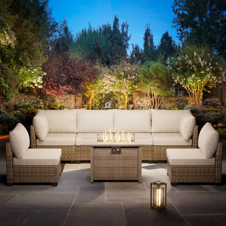 SUNPEAK Patio Furniture Set Q01 Series Sofa 7 Pieces Outdoor Furniture Set Sectional Couch with Fire Pit Table Balcony Furniture Patio Table and Chairs Set with Propane Fire Pit SUNPEAK
