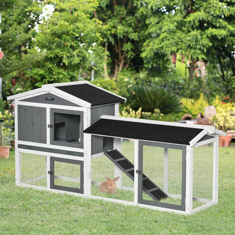 PawHut 69" Rabbit Hutch, Wooden Bunny Hutch, Guinea Pig Cage, Small Animal Enclosure with Run Area, Removable Tray, Asphalt Roof, Lockable Doors and Ramp, White PawHut