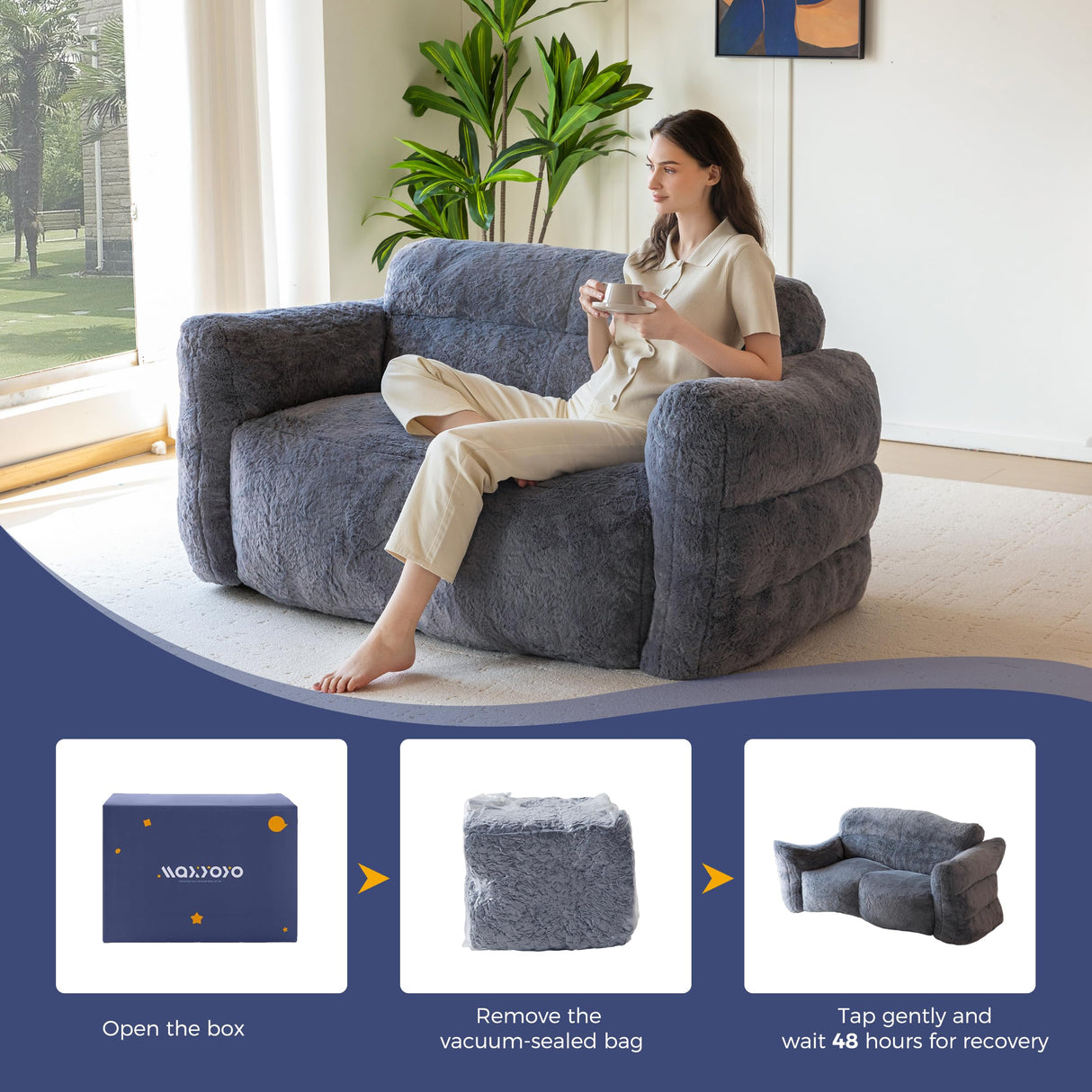 MAXYOYO Giant Bean Bag Chair for Adults, Ultra Soft Fluffy Loveseat Bean Bag Sofa, Oversized Floor Sofa for Living Room Bedroom, Cozy Reading Chair with Filler, Dark Grey MAXYOYO