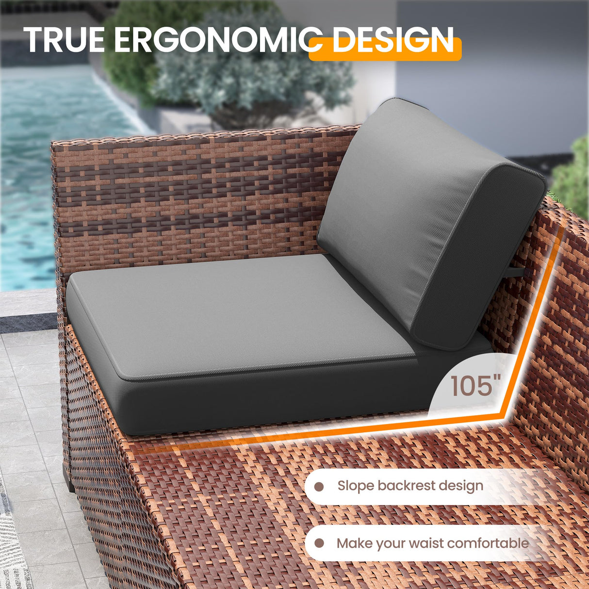 UDPATIO Patio Furniture Set, Modular Outdoor Sectional with 105°Slanted Back, 7 Pieces Rattan Conversation Set for Poolside, Backyard, Deck, with Coffee Table, Waterproof Cover,Grey UDPATIO