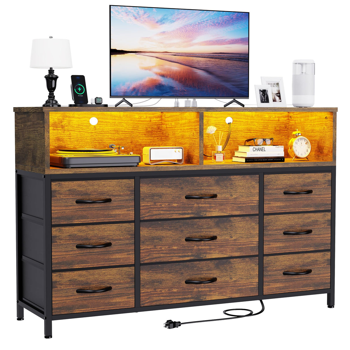 eiskah Dresser for Bedroom, Led Dresser TV Stand with Power Outlets and LED Lights, Long Fabric Dressers Wide Chest of Drawers with Large Organizer for Living Room, Entryway, Hallway,Rustic Brown eiskah