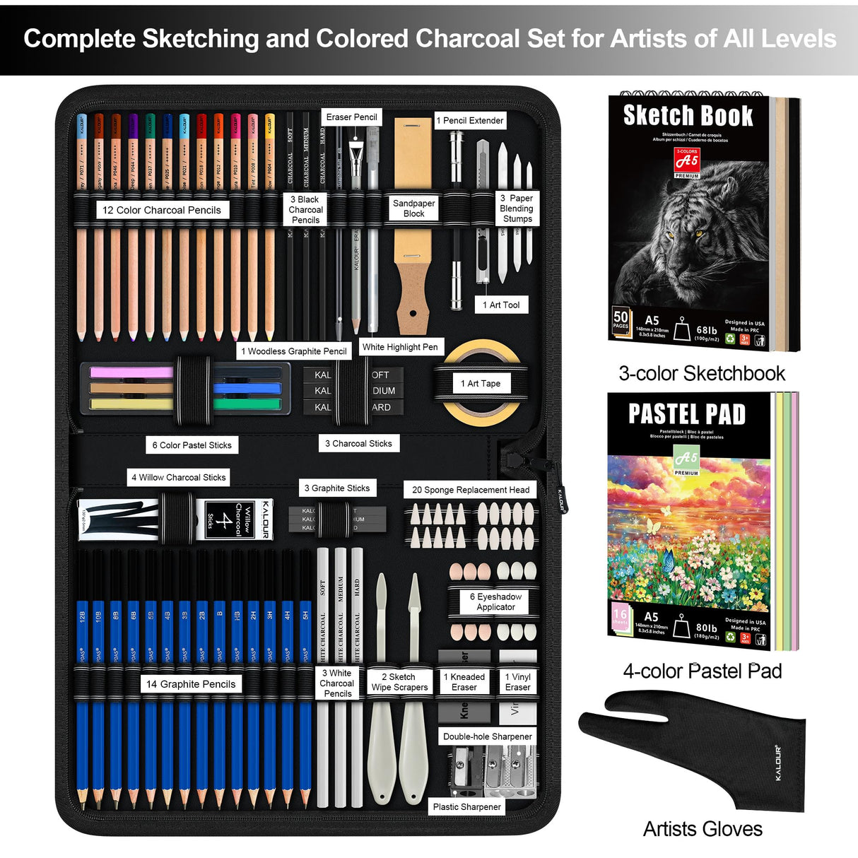 KALOUR 95-Piece Sketching and Drawing Art Set with 3-color Sketch Book and Pastel Paper – Graphite, Charcoal, and Pastel Pencils – Complete Artist Kit for Beginners and Professionals KALOUR