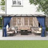 Gotland 10FTx14FT Outdoor Wall-Mounted Hardtop Pergola, Metal Frame Gazebo with Sloping Sun Panel Roof and Double Curtains for Patio, Garden, Lawn, Navy Gotland