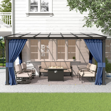Gotland 10FTx14FT Outdoor Wall-Mounted Hardtop Pergola, Metal Frame Gazebo with Sloping Sun Panel Roof and Double Curtains for Patio, Garden, Lawn, Navy Gotland