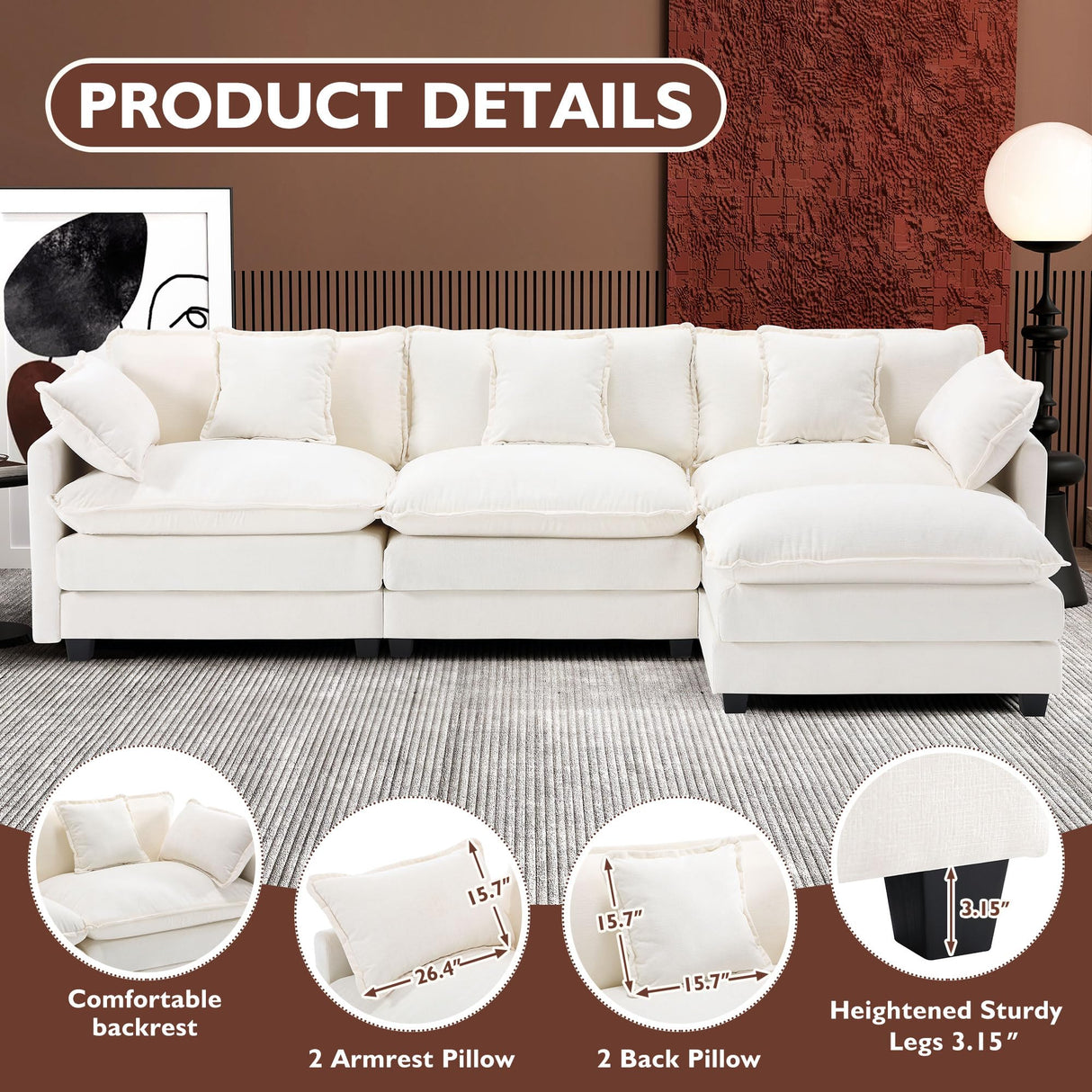 Ihanherry 111.4" L Shaped Modern Sofa Modular Sectional Cloud Couch with Ottoman, 4-Seat Chenille Deep Seat Sofa with Pillow for Living Room, Bedroom and Apartment, Beige Ihanherry