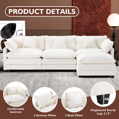 Ihanherry 111.4" L Shaped Modern Sofa Modular Sectional Cloud Couch with Ottoman, 4-Seat Chenille Deep Seat Sofa with Pillow for Living Room, Bedroom and Apartment, Beige