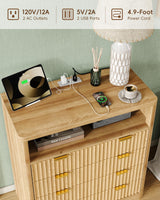 FUSOU Fluted Night Stand for Bedroom, Storage Organizer with 4 Drawers, Chest of Drawers with LED Light & Charging Station, Modern Farmhouse Dresser for Bedroom, Living Room, Hallway, Natural Oak FUSOU