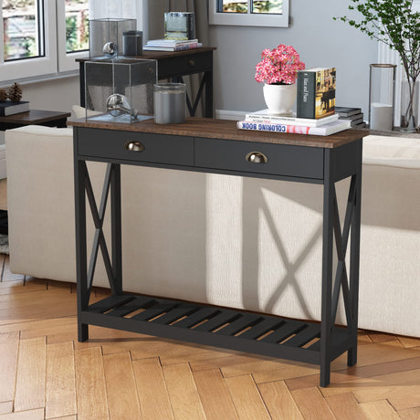 ChooChoo Farmhouse Console Table with Drawer for Entryway, Narrow Long Entry Table with Shelf for Living Room, Rustic Vintage Hallway Sofa Table with Stable X Supports, 40 Black ChooChoo