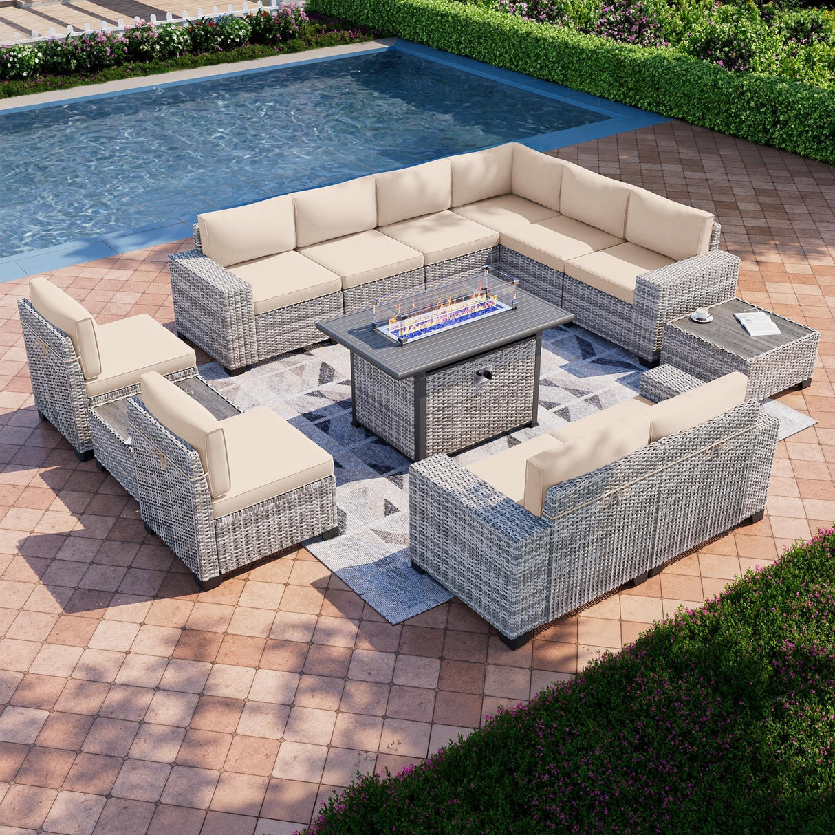 Muphyers 13-Piece Outdoor Patio Furniture Set with 55,000 BTU Fire Pit Table, PE Wicker Rattan Sectional Sofa Patio Conversation Set with Thickened Cushions & Coffee Table, Beige Muphyers