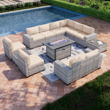 Muphyers 13-Piece Outdoor Patio Furniture Set with 55,000 BTU Fire Pit Table, PE Wicker Rattan Sectional Sofa Patio Conversation Set with Thickened Cushions & Coffee Table, Beige Muphyers