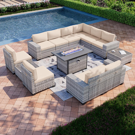 Muphyers 13-Piece Outdoor Patio Furniture Set with 55,000 BTU Fire Pit Table, PE Wicker Rattan Sectional Sofa Patio Conversation Set with Thickened Cushions & Coffee Table, Beige Muphyers