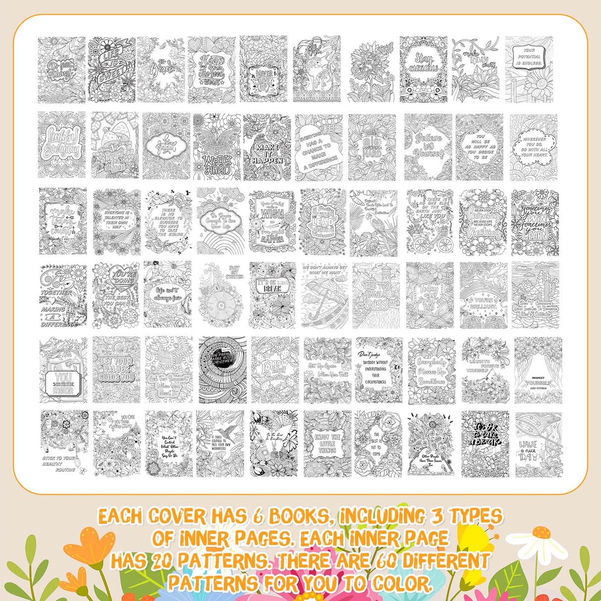 Liliful 144 Pcs Flower Coloring Book Bulk for Adult Kids DIY Art Stress Relief Drawing Book with Patterns for Adults, Party Favors, Goodie Bag Filler and Holiday Gifts (Motivate) Liliful