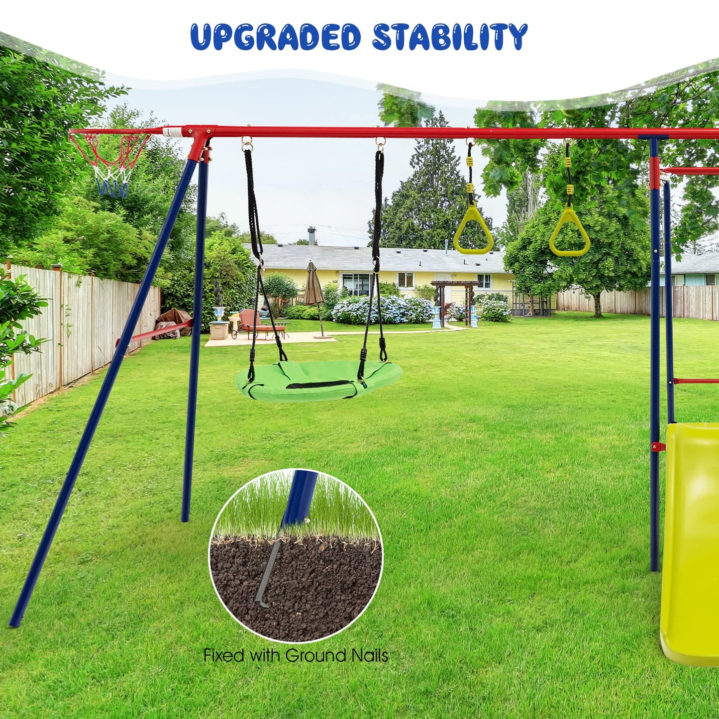 OLAKIDS Swing Sets for Backyard, 7 in 1 Outdoor 660LBS A-Frame Heavy Duty Metal Swing Stand with Monkey Bar for Kids, Playground Playset with Slide, 2 Swings, Glider, Trapeze Rings, Basketball Hoop