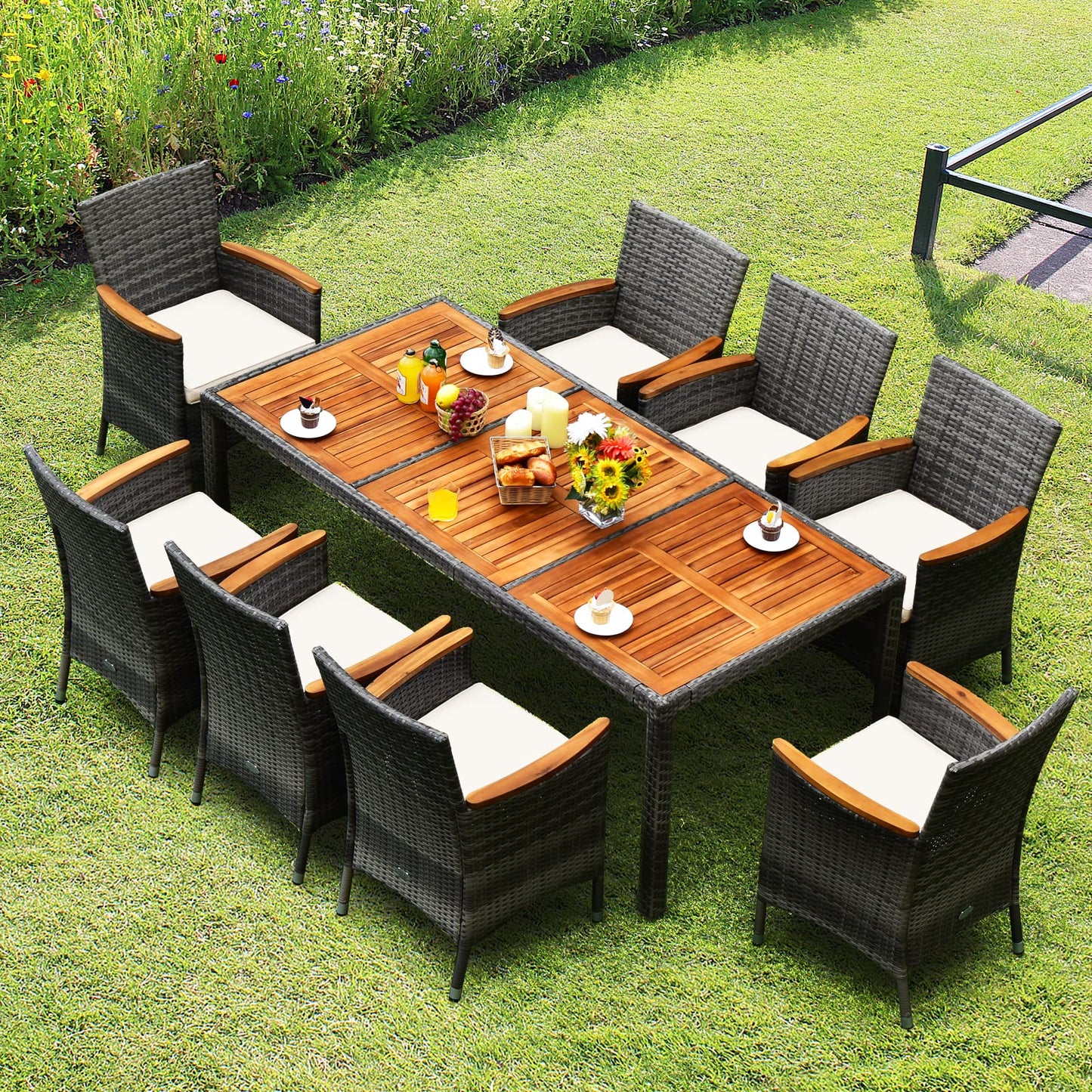 COSTWAY 9PCS Patio Rattan Dining Set Acacia Wood Table Cushioned Chair Mix Gray - WoodArtSupply