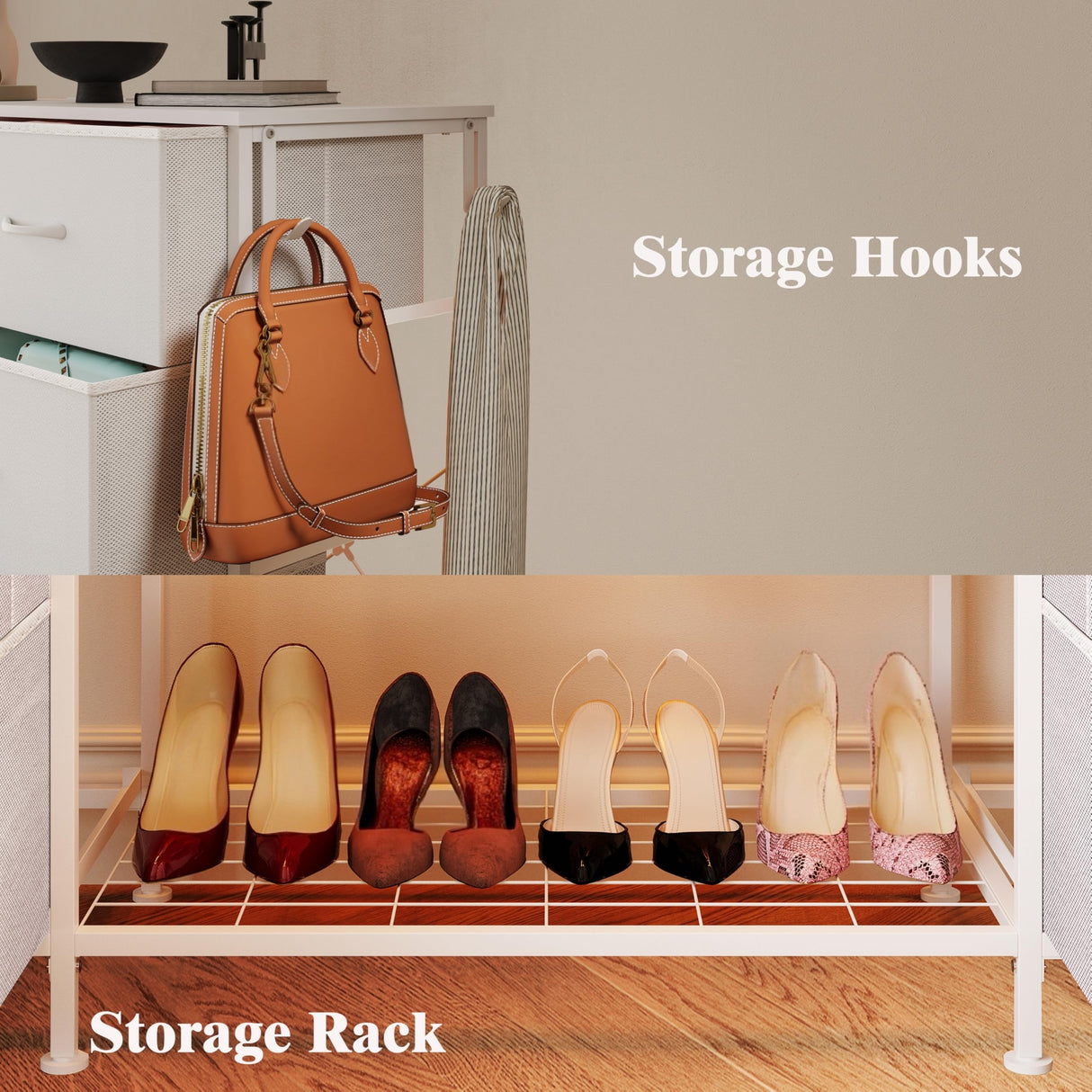 LUMTOK 55" W 2-in-1 Dresser with Hanging Rack, 10 Drawers Dresser for Bedroom, White Drawer Dressers with LED Lights, Charging Station and Hanging Racks for Bedroom LUMTOK