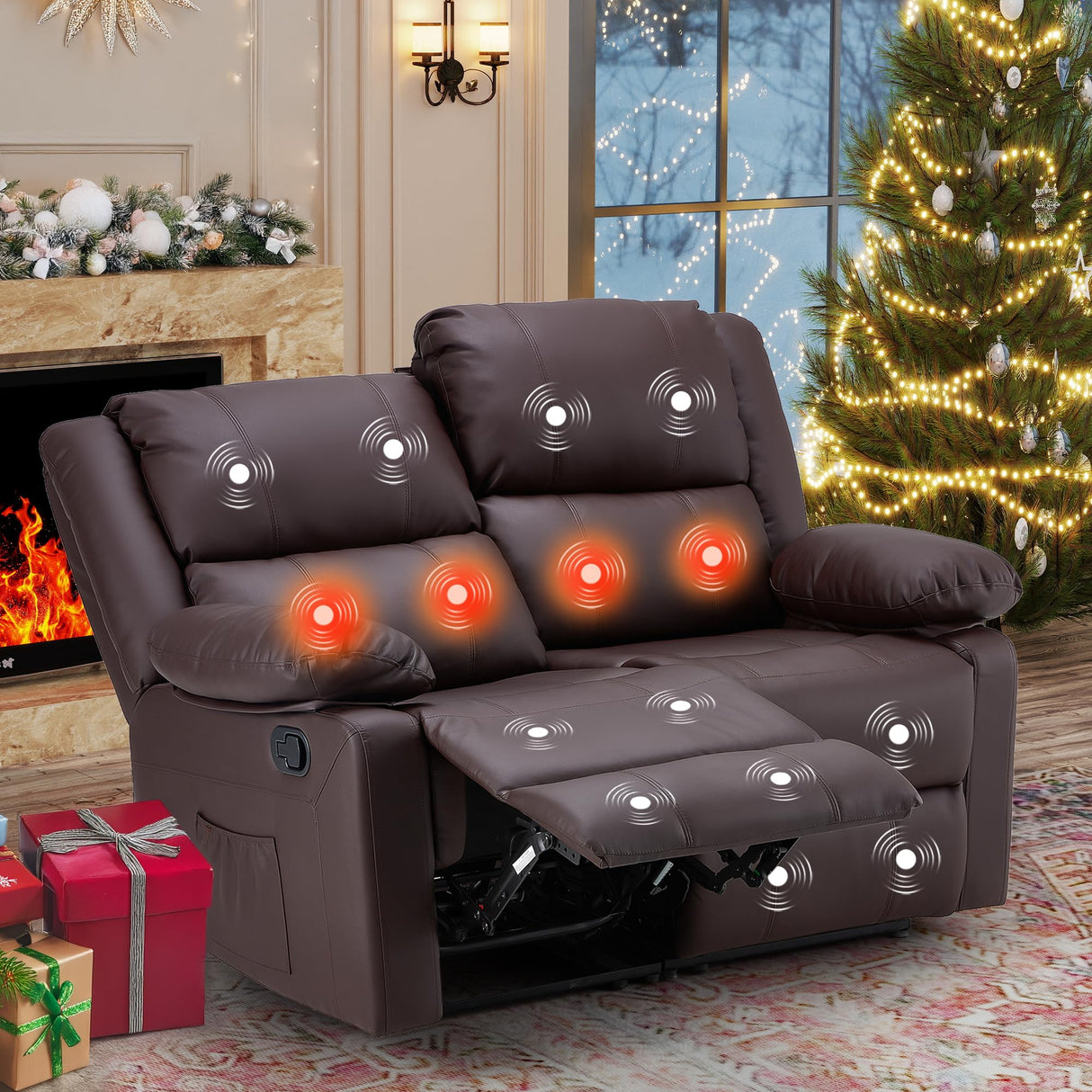 JFHID Reclining Loveseat with Massage&Heat Function, Recliner Loveseat Sofa 2-Seater Modern Manual Control Faux Leather RV Couch, Home Theater Seating Lounge Seat with Side Pockets, Brown JFHID