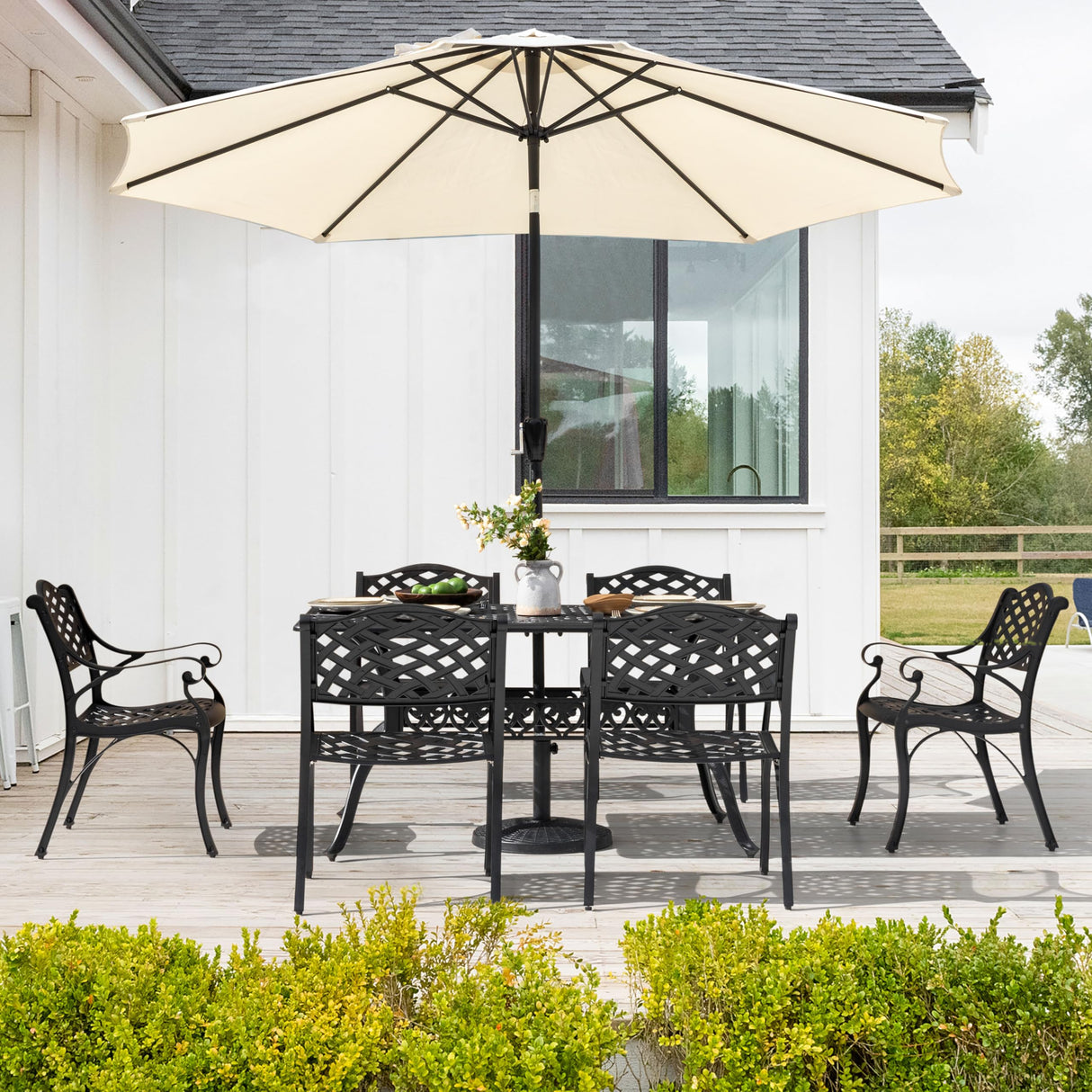 NUU GARDEN 7 Pieces Outdoor Patio Dining Sets, Cast Aluminum Rectangle Patio Table with Umbrella Hole and 6 Bistro Chairs, Armrest Dining Chairs and Bistro Table for Balcony, Backyard, Black NUU GARDEN