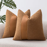 SINYASAN 18"x18" Tobacco Boucle Throw Pillow Covers with Faux Leather Accents Set of 2 Fluffy Textured Decorative Pillow Cases for Couch Bed Boho Farmhouse Square Cushion Covers for Nordic Home Décor SINYASAN