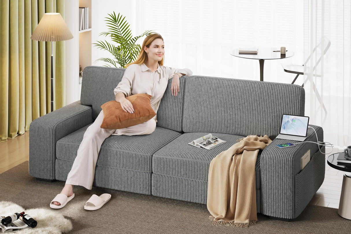 Yaheetech 83.5" W Modern Sofa Couch Corduroy Fabric Sofa with USB Charging Ports & Side Storage Pockets for Living Room Apartment, Dark Gray Yaheetech