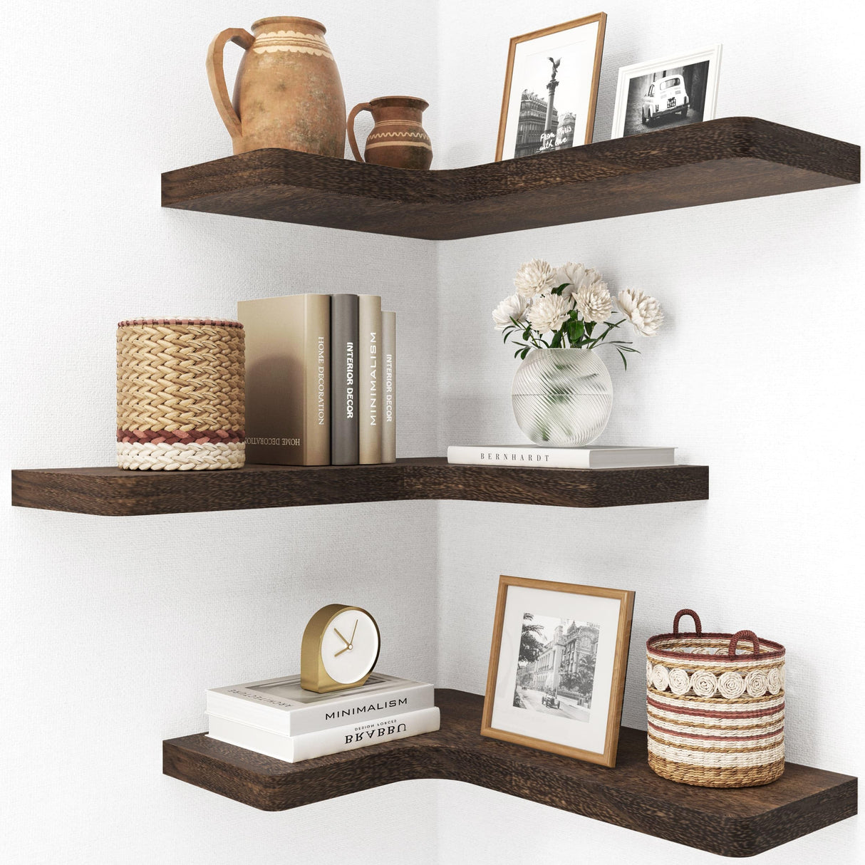 fuqing Floating Corner Shelves, Wall Shelf Set of 3, Shelves for Wall Storage, Solid Wood Shelves for Storage, Wall Mount Wooden Display Shelf for Bathroom Bedroom Kitchen Garage, Rustic Brown fuqing