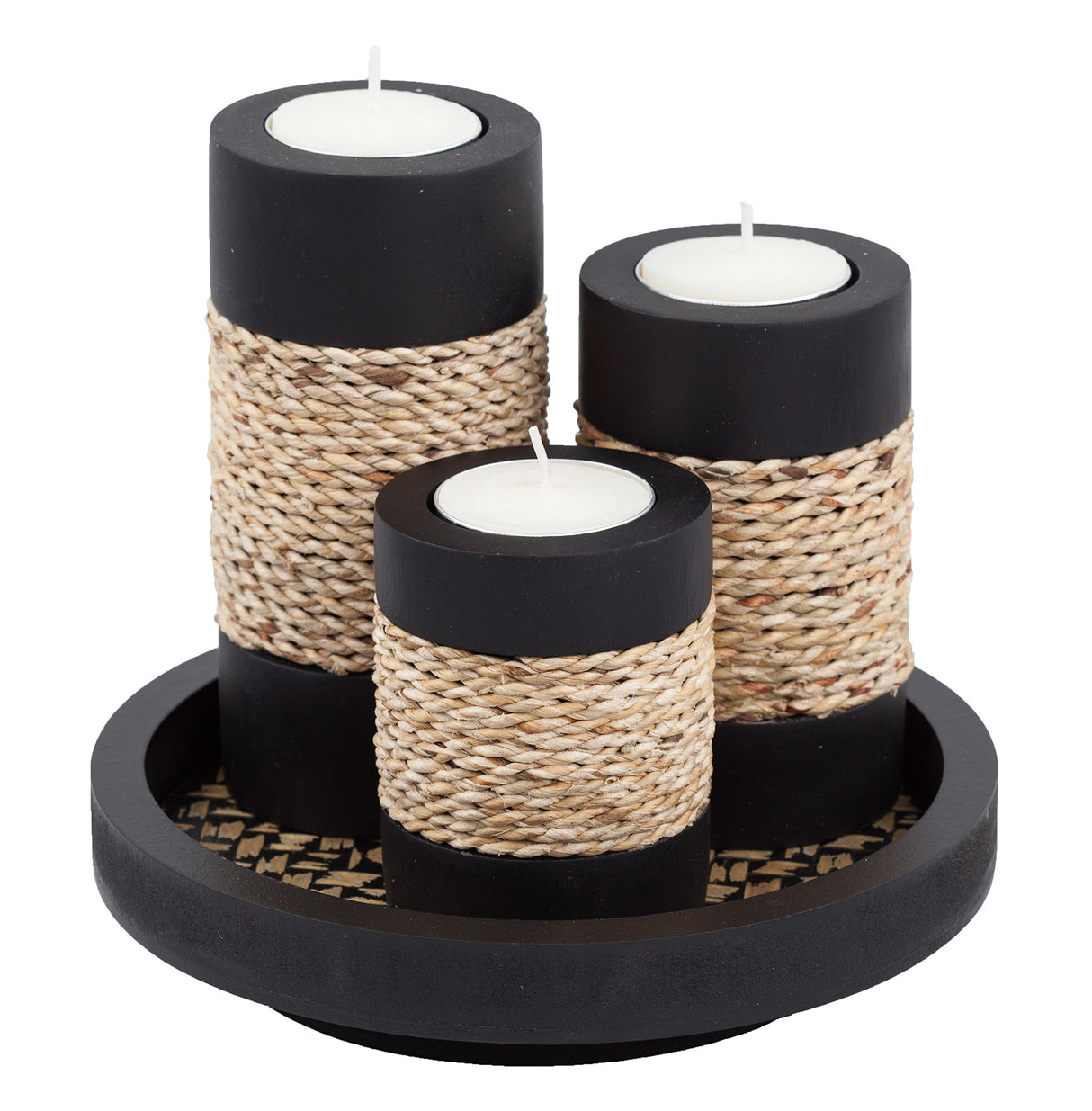 IYARA CRAFT Tealight Candle Holders with Candle Tray Set of 3 Decorative Candle Holders Matte Wood Finish with Small Rope Decoration IYARA CRAFT