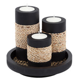 IYARA CRAFT Tealight Candle Holders with Candle Tray Set of 3 Decorative Candle Holders Matte Wood Finish with Small Rope Decoration IYARA CRAFT