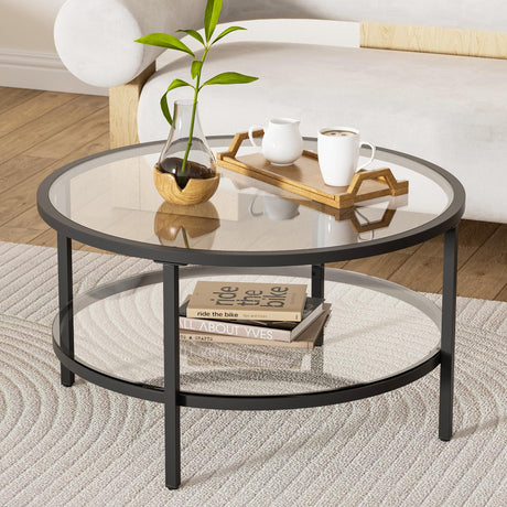 DIYART Black Glass Coffee Table, 29.5 Inch Round Modern coffee table, 2-Tier Round Glass Coffee Table for Living Room, 29.5" D x 16.5" H DIYART