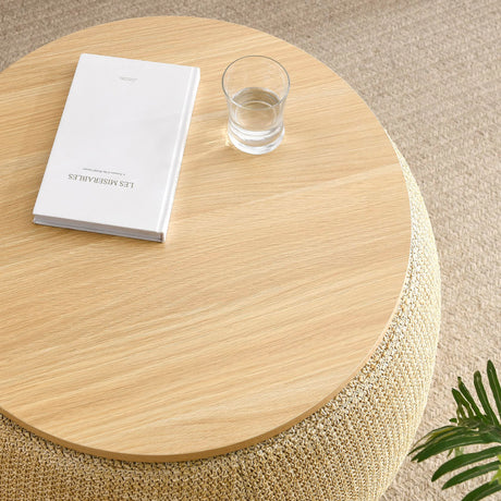 YICORPS Modern Round Storage Ottoman with Wooden Top,Handmade Luxury Pleated Circle Fabric Storage Ottoman Coffee Table,End Table & Footstool for Living Room（Natural） YICORPS