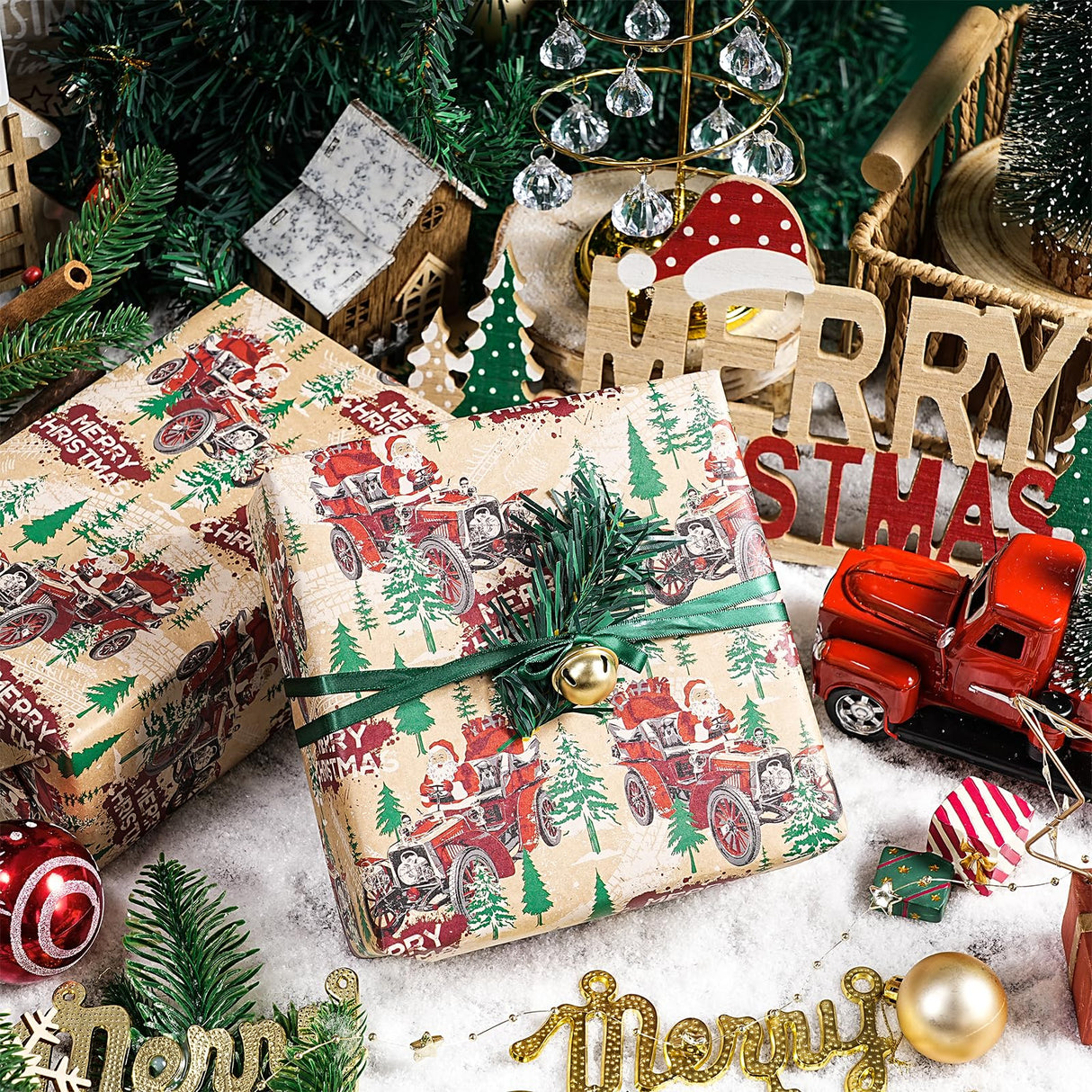 LeZakaa Kraft Christmas Wrapping Paper Roll, Santa Driving Vintage Red Car with Christmas Trees, Rustic Holiday Gift Wrap for Men Adults Kids, Xmas Winter Wonderland, Mini Roll 17 in x 16.4 Ft LeZakaa