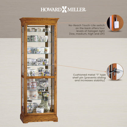 Howard Miller Chesterfield II Curio Cabinet 680-288 – Golden Oak Glass Display Shelf Case with Light