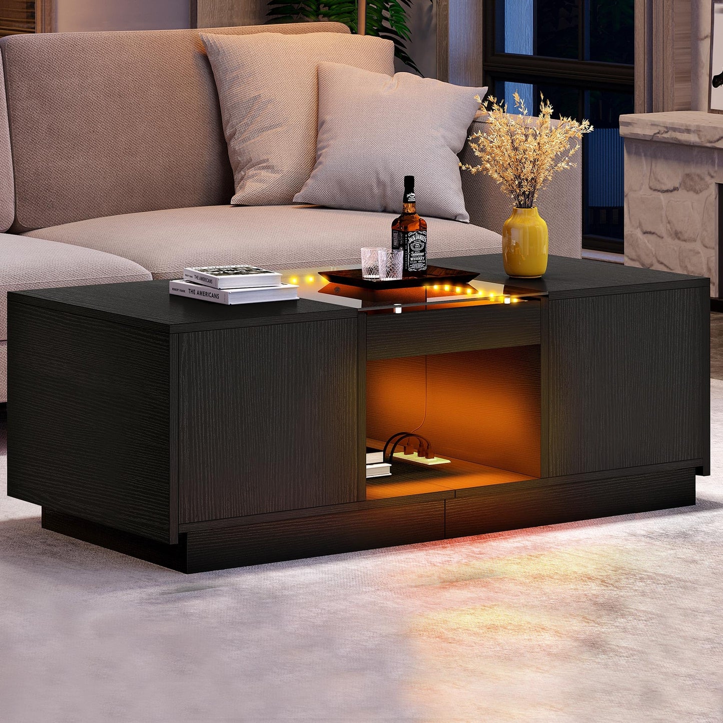 YITAHOME Modern Coffee Table with LED Lights, Rectangle Coffee Table with 2 Large Drawers, Spacious Glass Coffee Table, Upscale Large Living Room Table with Power Outlets and Remote Control, Black