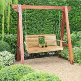 Giantex Outdoor Hanging Porch Swing - 2-Seat Wood Swing Bench with Folding Cup Holder and Sturdy Metal Hanging Chains, Outside Patio Swing Chair for Garden, Backyard, Poolside, Natural Giantex