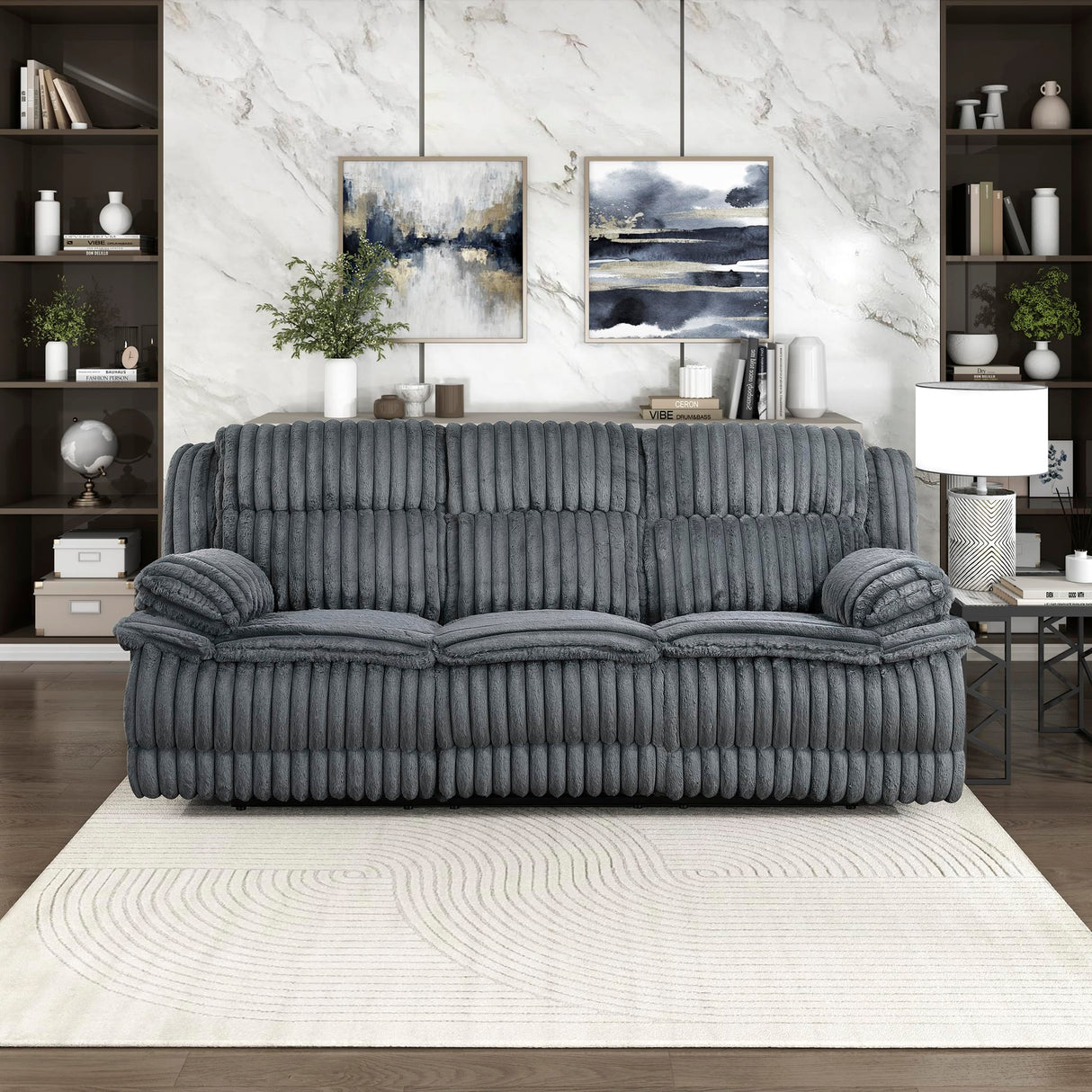 Lexicon Manual Double Reclining Sofa, Corduroy Manual Wall Hugger Recliner Couch, Pillow Top Arms, Plush Foam Cushions Over Pocket Coils, Cozy Reclining Sofa for Living Room, Dark Gray Lexicon