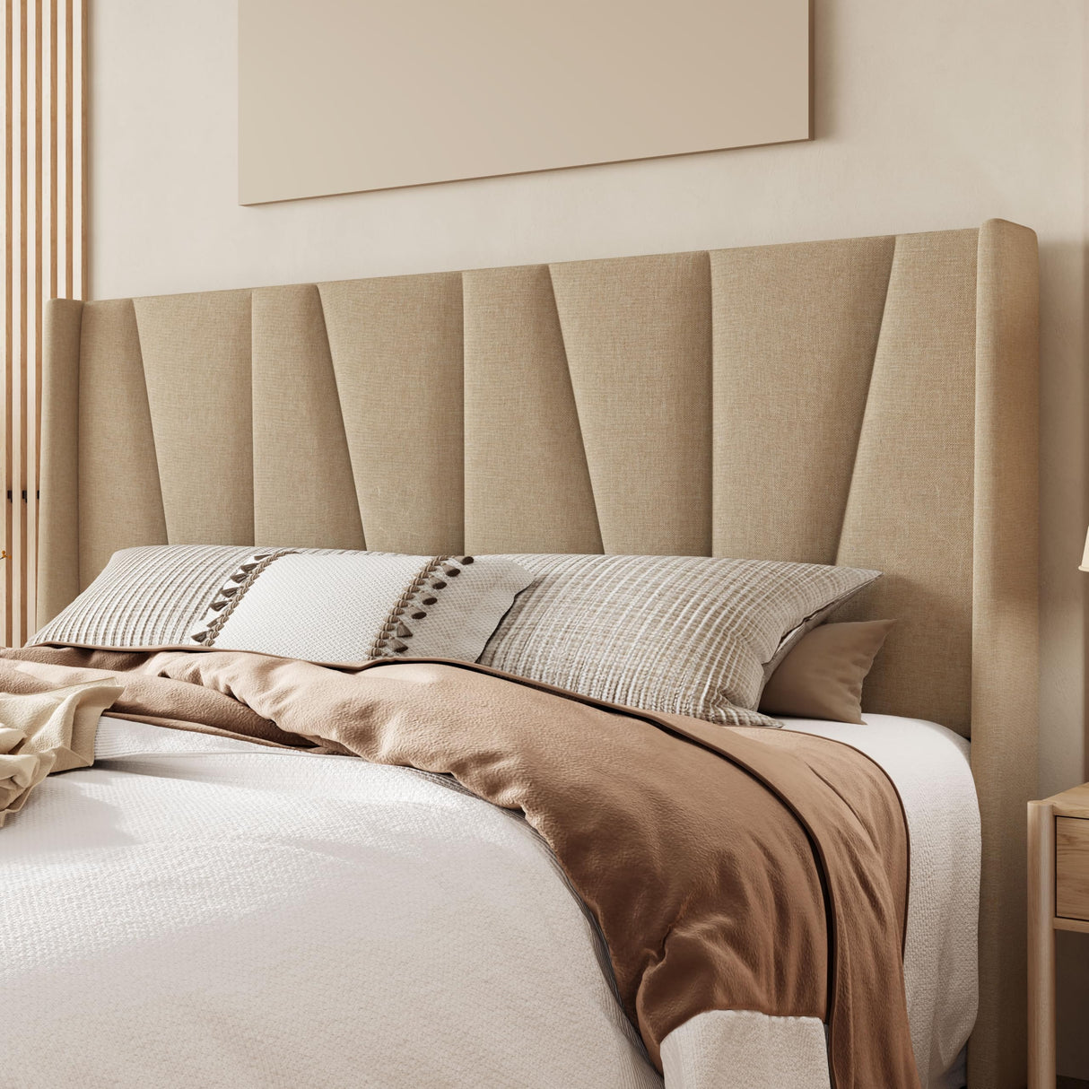 Allewie King Size Platform Bed Frame with Geometric Wingback Headboard, Modern Upholstered Bed with Wooden Slats Support, No Box Spring Needed, Easy Assembly, Beige Allewie